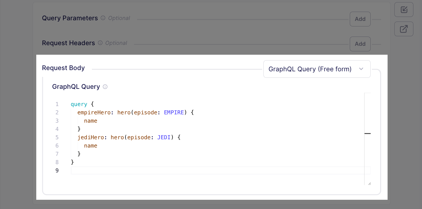 Connector Builder UI showing a GraphQL query in the request body
